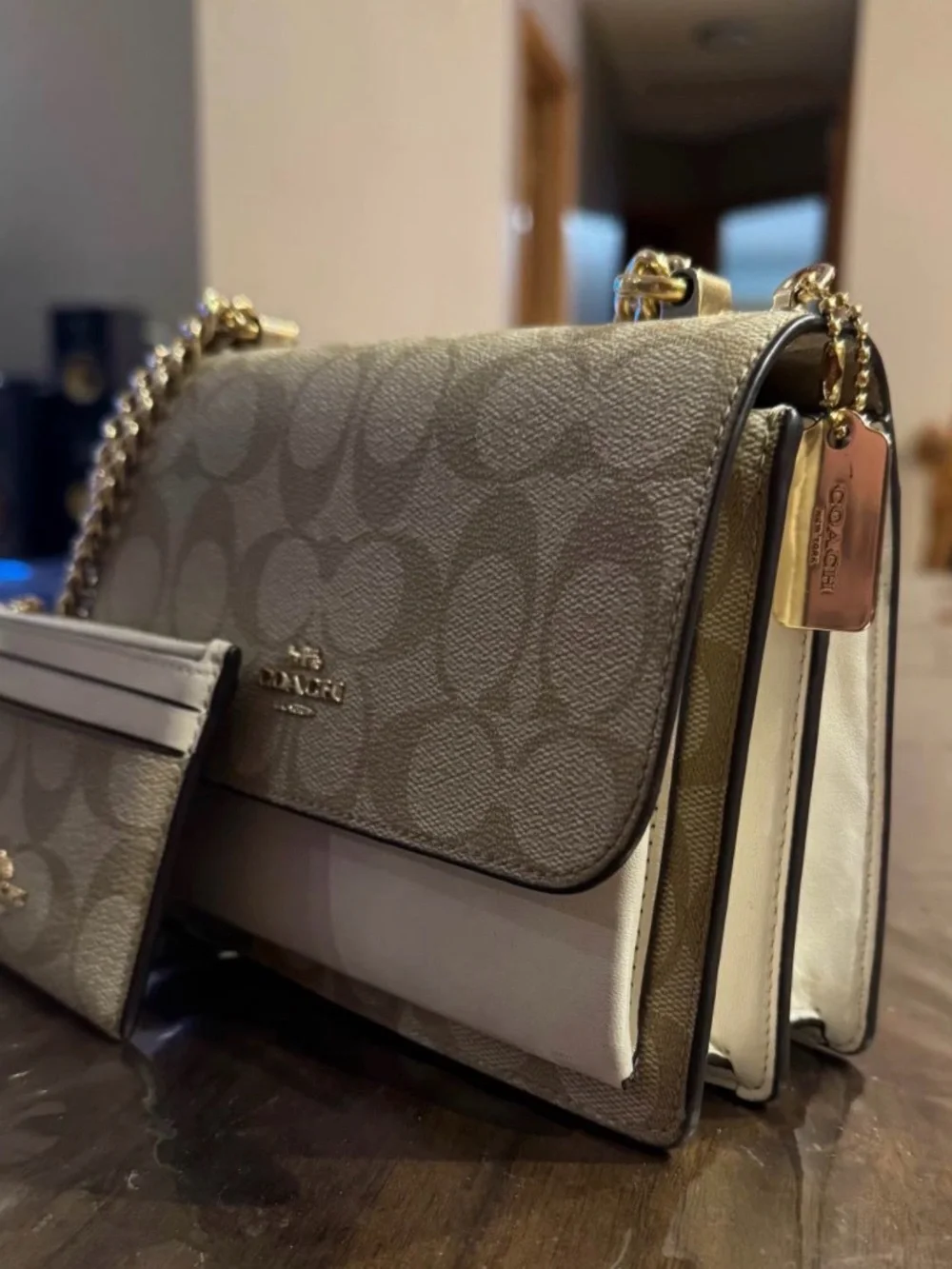 Coach Signature Mini Klare Canvas Crossbody in Beige & Cream with Gold Hardware